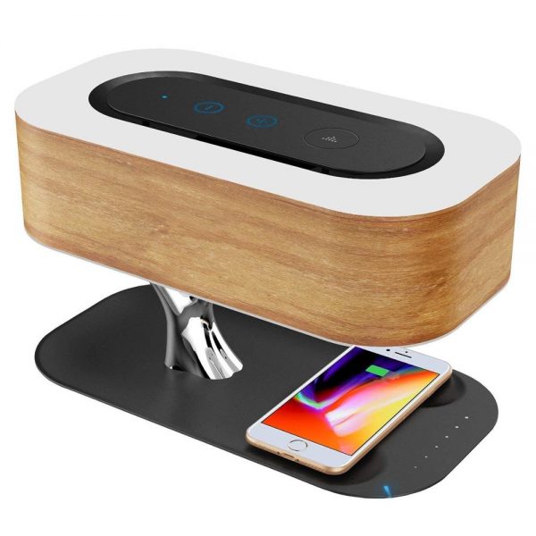 2020 Trending Wooden Gifts Bedside Lamp with Bluetooth Speaker and Wireless Charger Sleep Mode Stepless Dimming